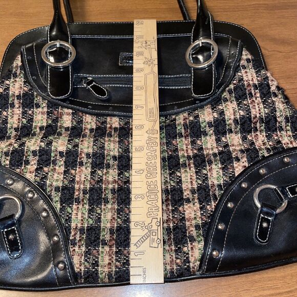 MaggiB Shoulder Purse Black Brown Green Plaid Tweed Snap Close Faux Leather Trim - Picture 8 of 16